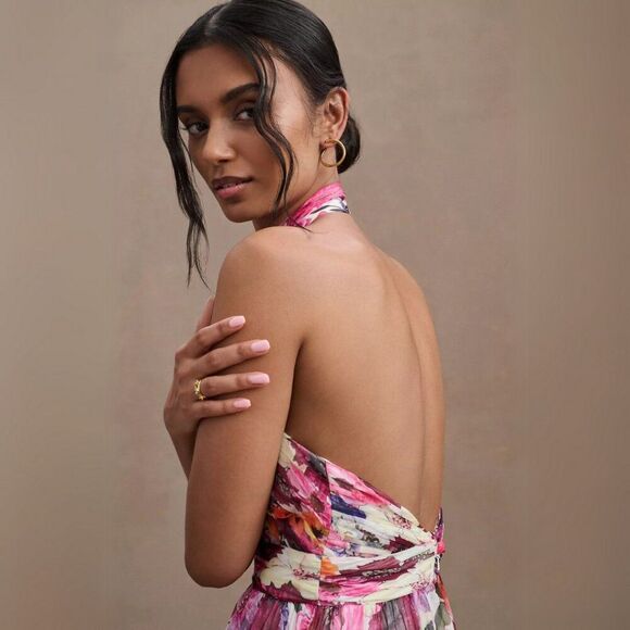 Mac Duggal Size 14 Pink Purple Multicolor Ruffled Halter Floral Gown Maxi Dress - Picture 4 of 6